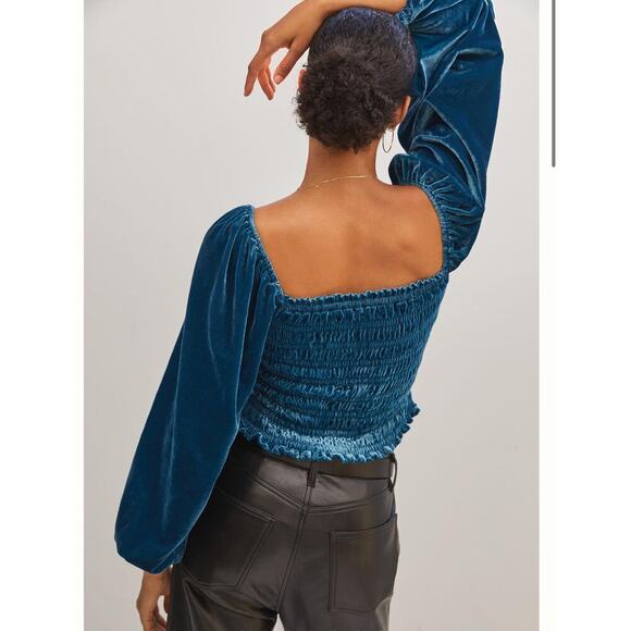 Anthropologie Puff-sleeved Velvet smocked Blouse blue size S NWT boho - Picture 2 of 10